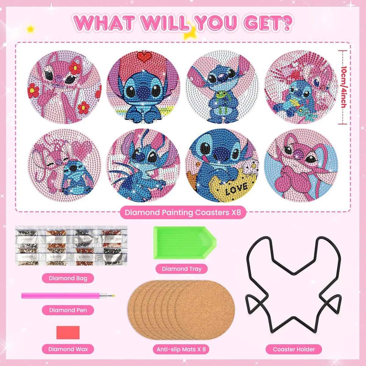Kit de 8 dessous de verre diamant Stitch - Glace et Costume Spatial