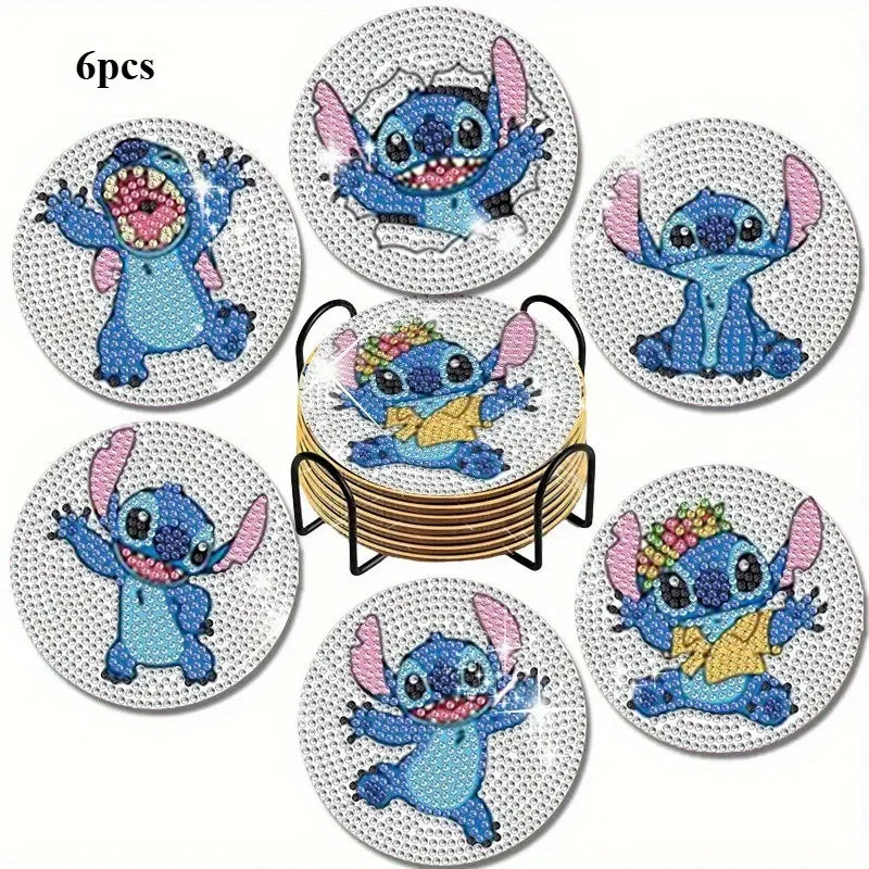 Kit de 6 dessous de verre diamant Stitch - Poses sur Fond Blanc