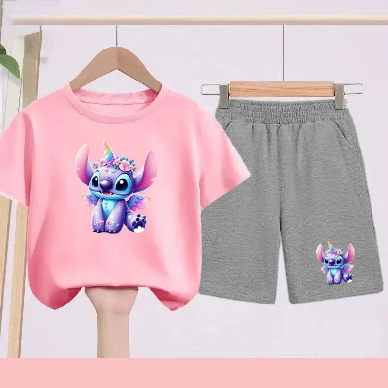 Ensemble Stitch - Licorne avec Haut Rose et Short Gris