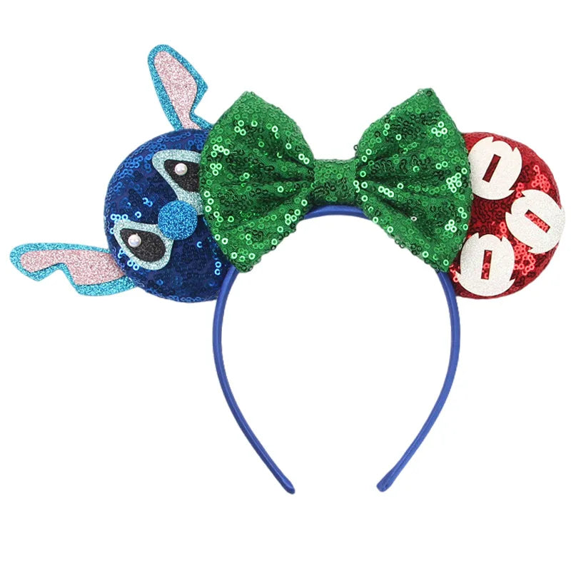 Serre-tête oreilles Stitch Nœud Vert et Fleurs sur le Côté