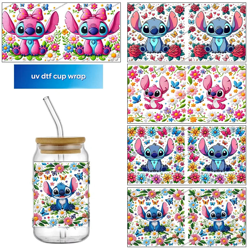 Autocollant pour verre Stitch - Jaune et Bleu Parmi les Fleurs