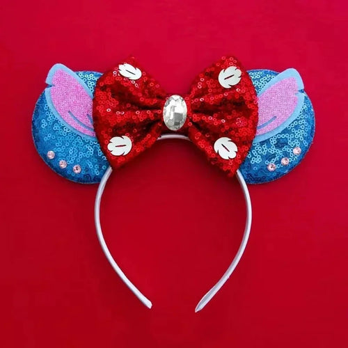 Serre-tête oreilles Stitch Nœud Rouge et Bijou Central