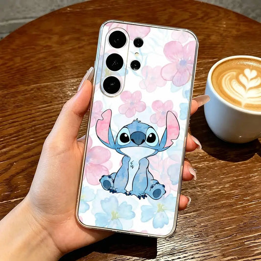 Coque Samsung Stitch - Assis sur Fond de Fleurs Pastel