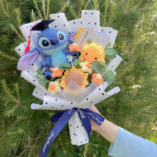 Bouquet avec peluche Stitch - Chapeau de Diplômé et Tournesols