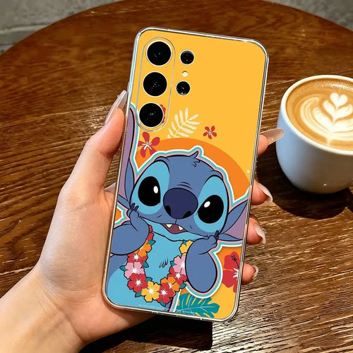 Coque Samsung Stitch - Collier de Fleurs sur Fond Orange