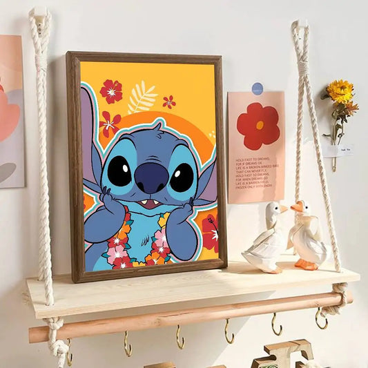 Affiche Stitch - Collier de Fleurs sur Fond Orange