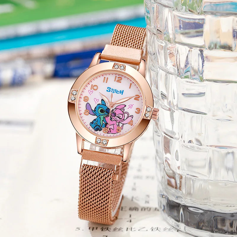 Montre Stitch et Angel - Bracelet Maillé Doré Rose