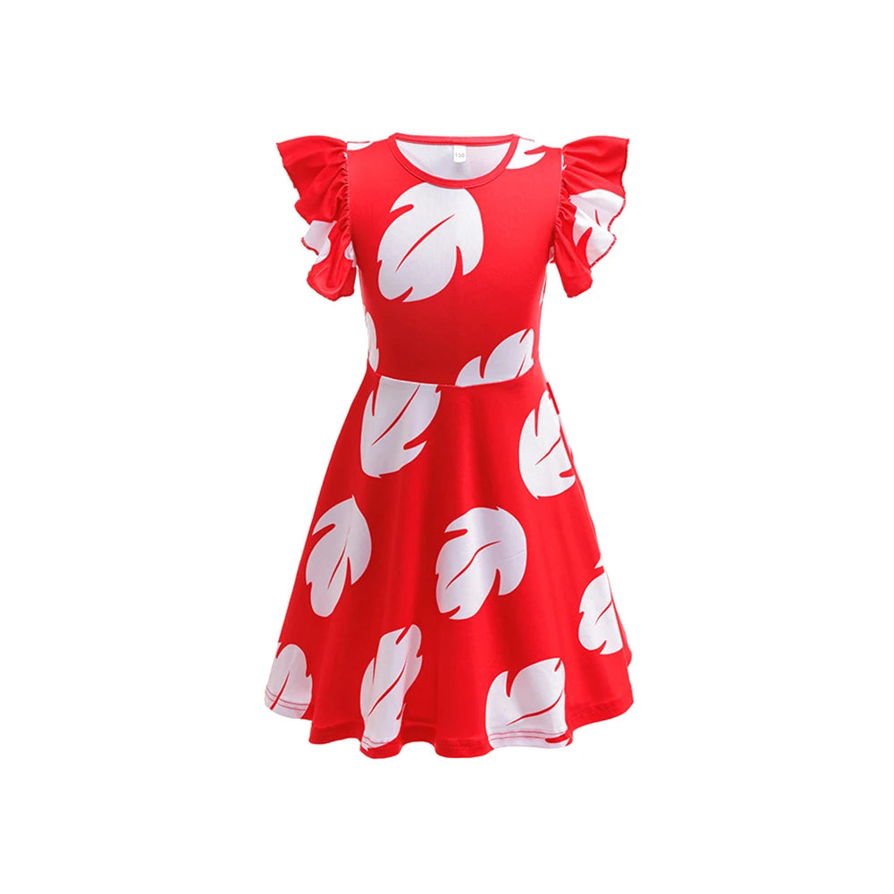 Robe Lilo - Rouge à Feuilles Blanches et Manches Volantées