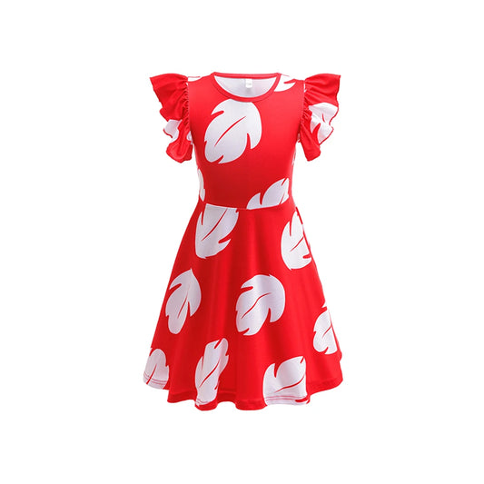 Robe Lilo - Rouge à Feuilles Blanches et Manches Volantées