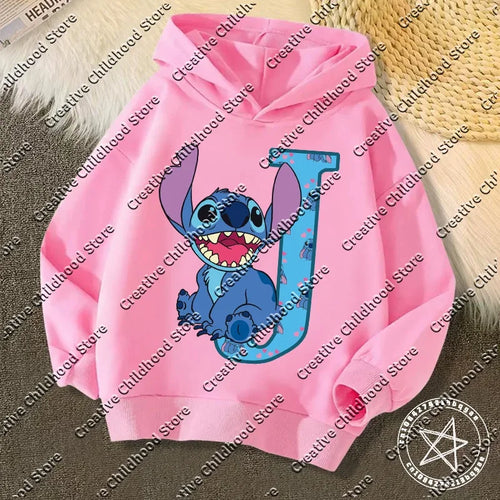 Sweat à capuche Stitch - Rose et Lettre J