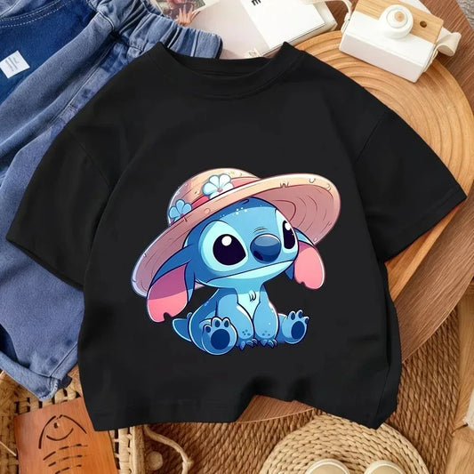 T-shirt Stitch Noir Au Chapeau Fleuri