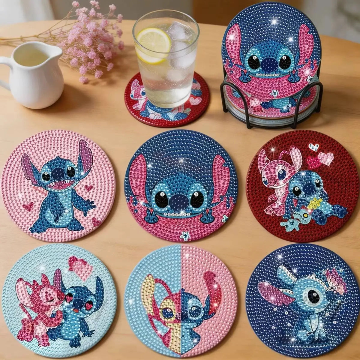 Kit de 6 dessous de verre diamant Stitch et Angel - Duo Bleu et Rose