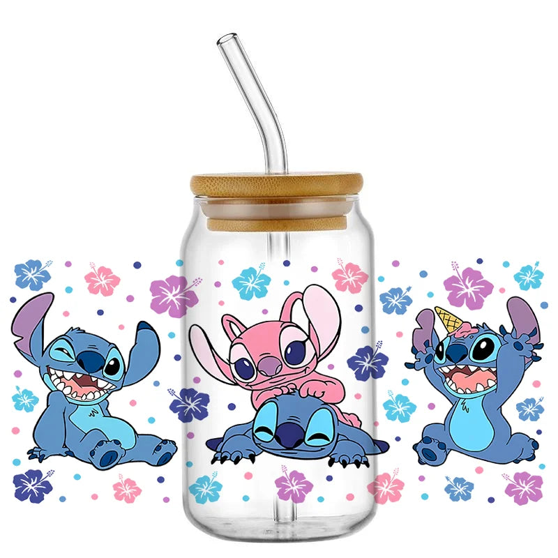 Autocollant pour verre Stitch et Angel - Poses et Fleurs Pastel