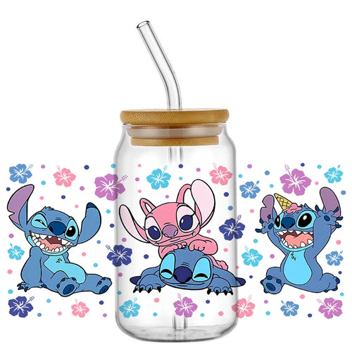 Autocollant pour verre Stitch et Angel - Poses et Fleurs Pastel