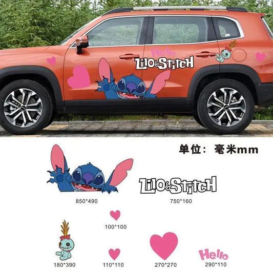 Autocollants voiture Stitch - Accoudé et Cœurs Roses