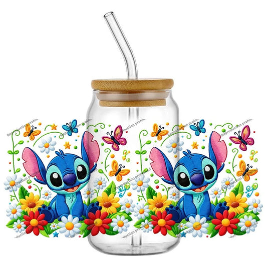 Autocollant pour verre Stitch - Assis avec Papillons et Fleurs
