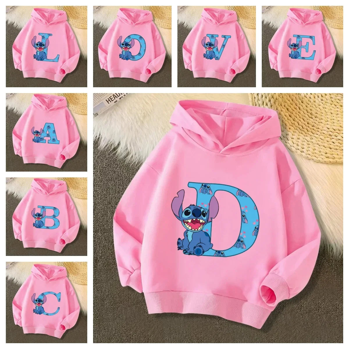 Sweat à capuche Stitch - Rose et Lettre A