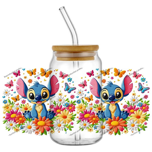 Autocollant pour verre Stitch - Jaune et Bleu Parmi les Fleurs