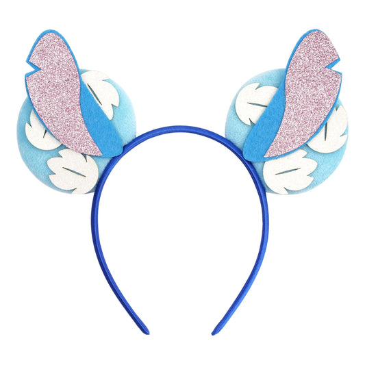 Serre-tête oreilles Stitch Bleues à Feuilles Blanches
