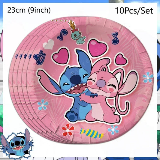 Lot de 10 assiettes Stitch et Angel - Roses 23 cm