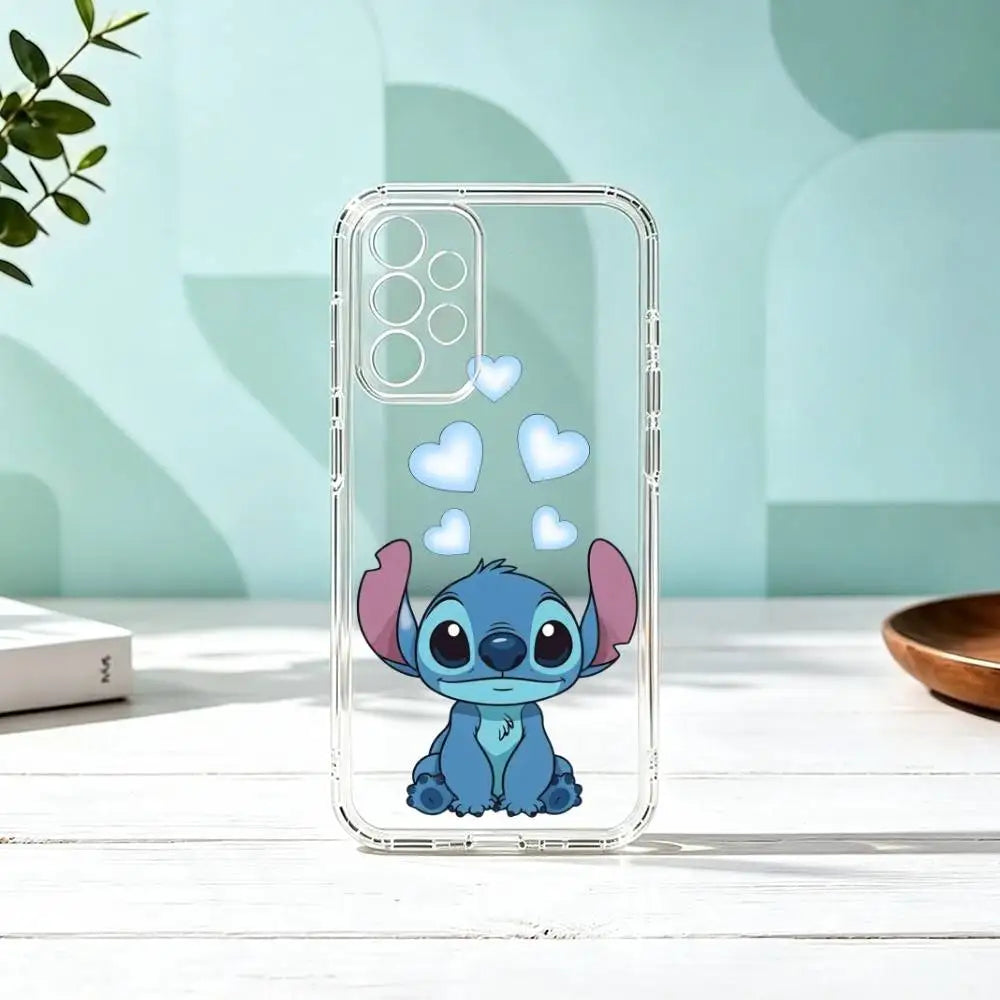 Coque Samsung Stitch - Assis Sous des Cœurs Bleus