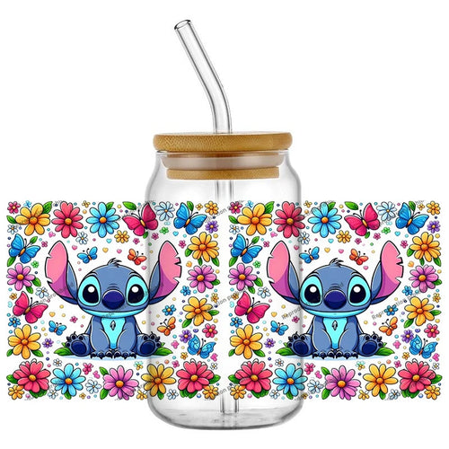 Autocollant pour verre Stitch - Fond de Fleurs Multicolores
