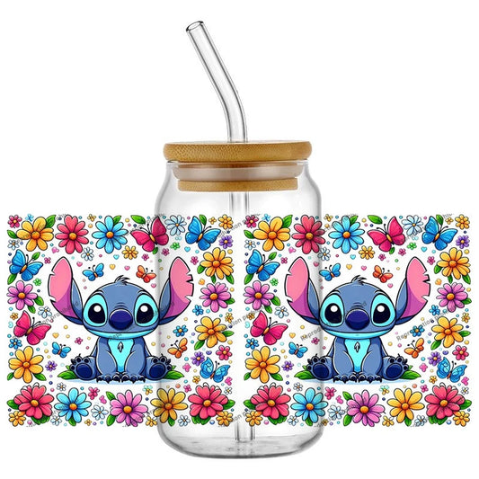 Autocollant pour verre Stitch - Fond de Fleurs Multicolores
