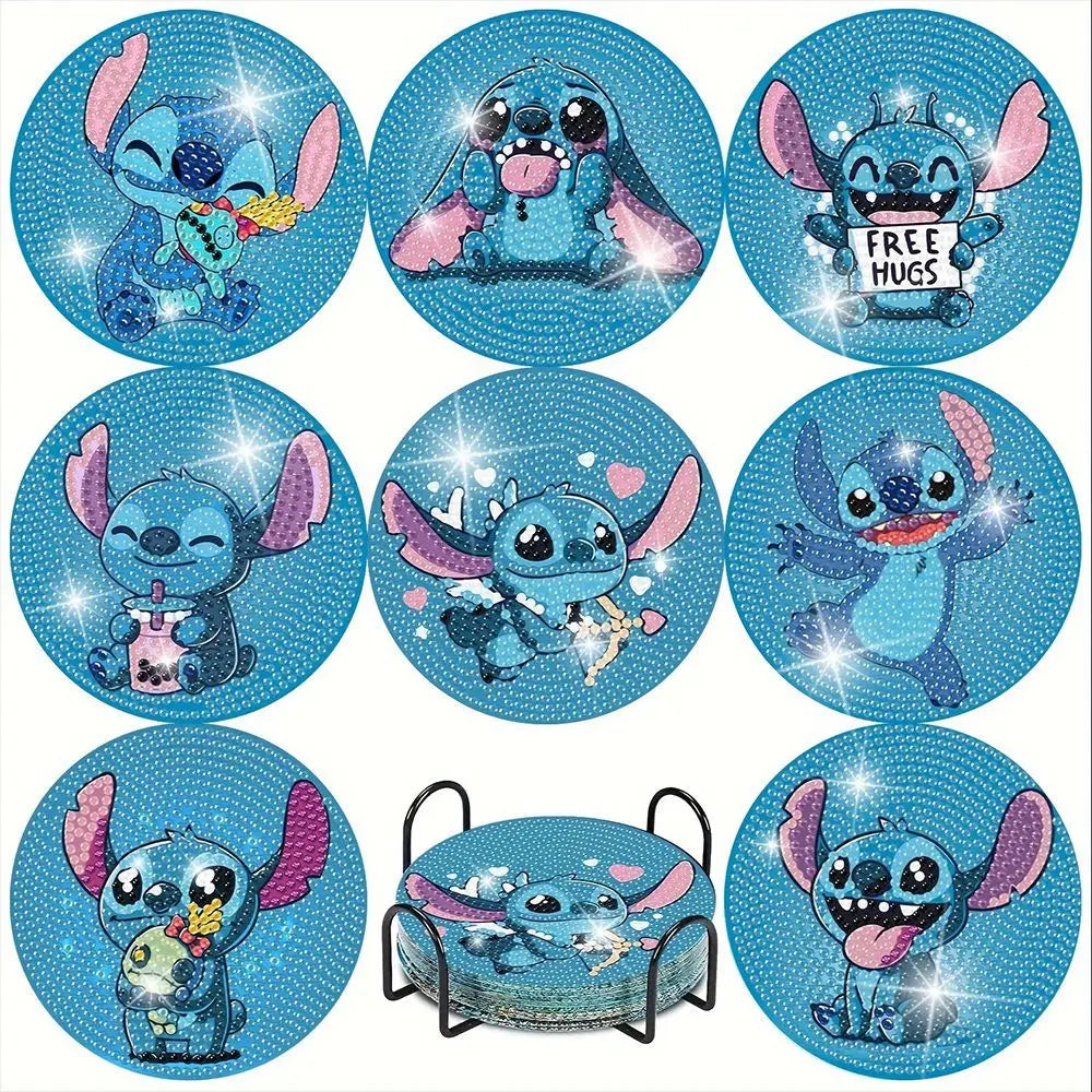 Kit de 8 dessous de verre diamant Stitch - Poupée et Fonds Turquoise