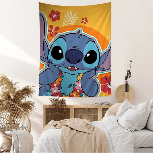 Tenture murale Stitch - Collier de Fleurs sur Fond Orange