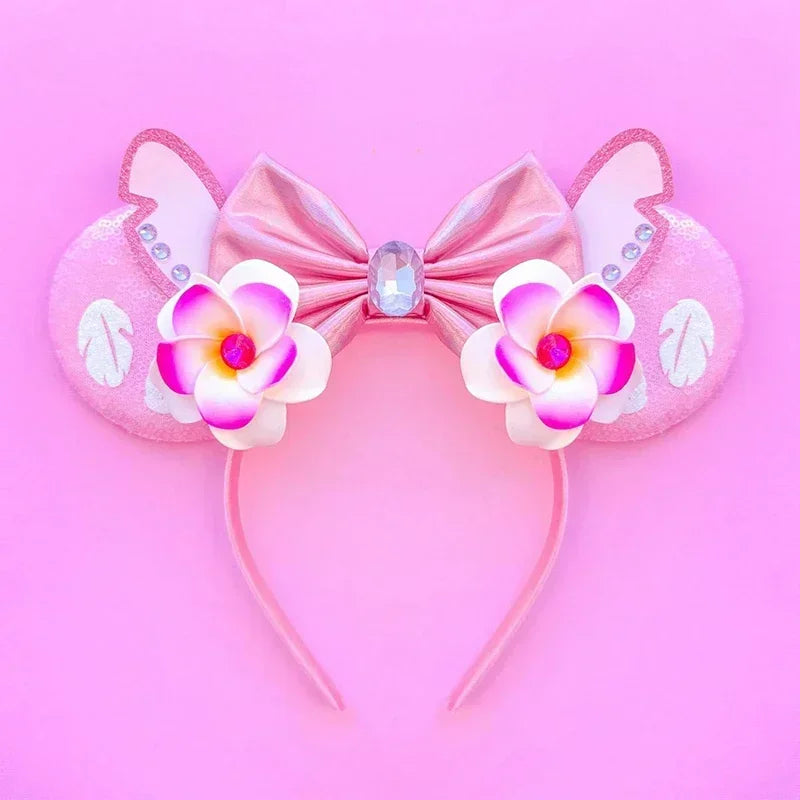 Serre-tête oreilles Stitch Roses à Fleurs et Nœud Satiné