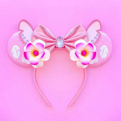 Serre-tête oreilles Stitch Roses à Fleurs et Nœud Satiné
