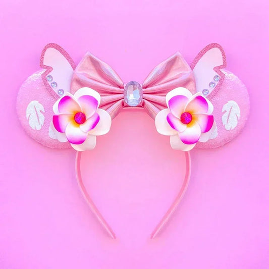Serre-tête oreilles Stitch Roses à Fleurs et Nœud Satiné