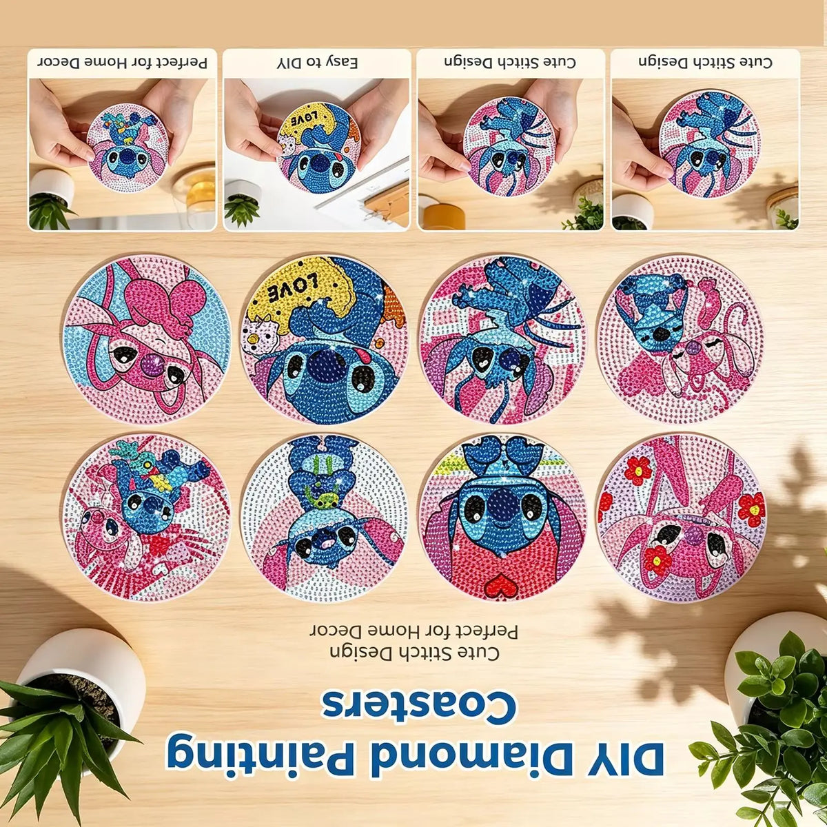Kit de 6 dessous de verre diamant Stitch et Angel - Duo Bleu et Rose