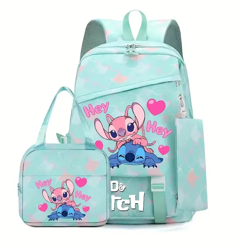 Ensemble sac à dos Stitch et Angel - Turquoise avec Inscription Hey