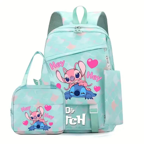 Ensemble sac à dos Stitch et Angel - Turquoise avec Inscription Hey