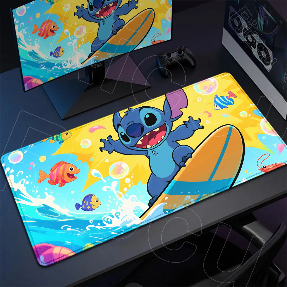 Tapis de souris Stitch - Surf Jaune et Poissons