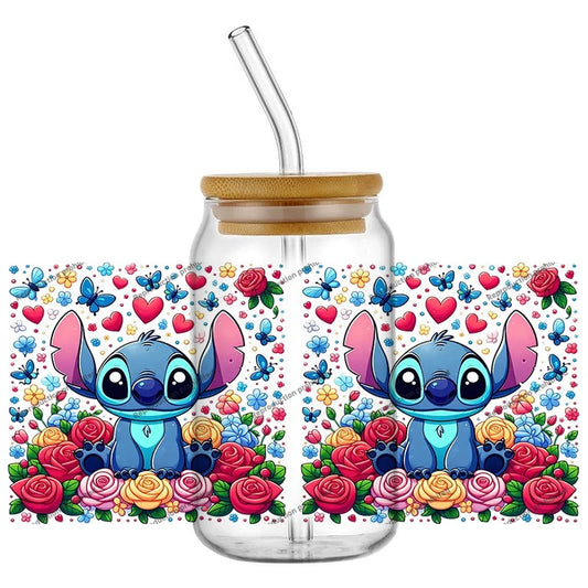 Autocollant pour verre Stitch - Roses et Cœurs