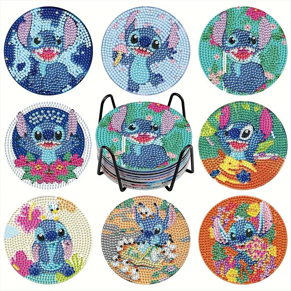 Kit de 8 dessous de verre diamant Stitch - Fleurs et Gâteau