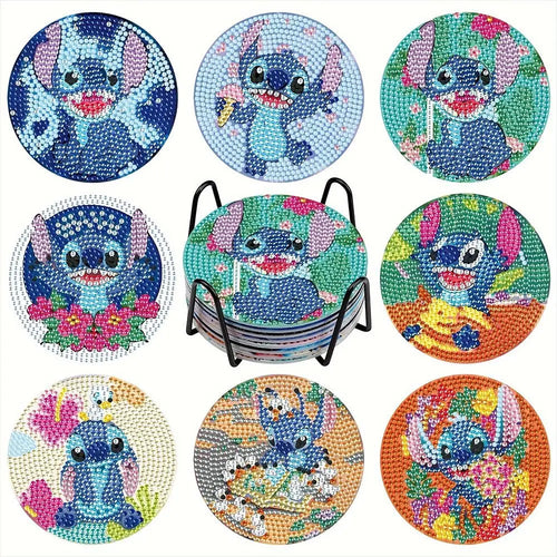 Kit de 8 dessous de verre diamant Stitch - Fleurs et Gâteau