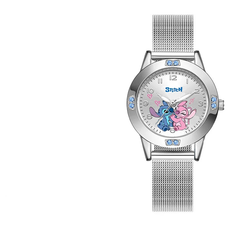 Stitch und Angel Armbanduhr - Silbernes Milanaise-Armband