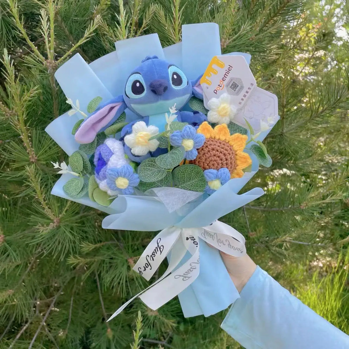 Bouquet avec peluche Stitch - Tournesol et Marguerites au Crochet