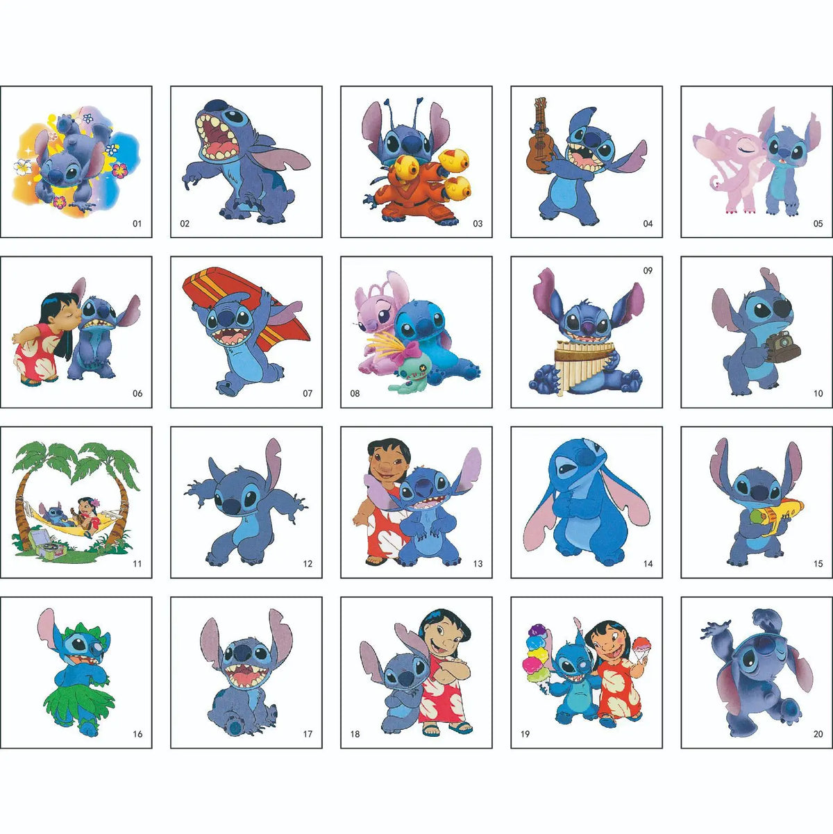 Lot de 20 tatouages temporaires Lilo et Stitch - Scènes Tropicales