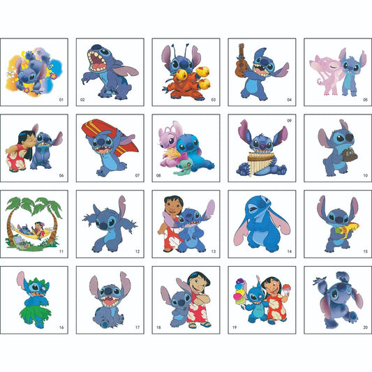 Lot de 20 tatouages temporaires Lilo et Stitch - Scènes Tropicales