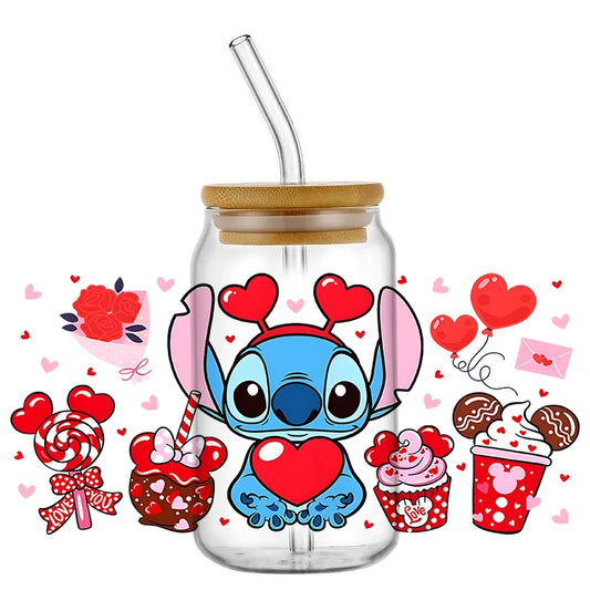 Autocollant pour verre Stitch - Cœurs et Chocolat Chaud