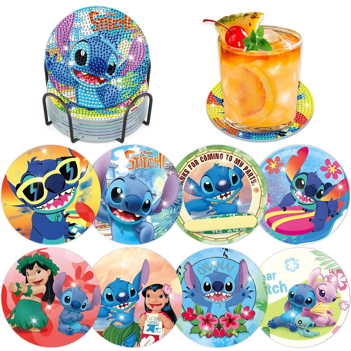 Kit de 8 dessous de verre diamant Lilo et Stitch - Vacances Tropicales