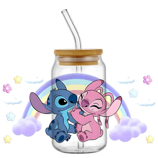 Autocollant pour verre Stitch et Angel - Baiser Sous un Arc en Ciel
