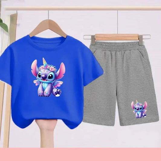 Ensemble Stitch - Licorne avec Haut Bleu Roi et Short Gris