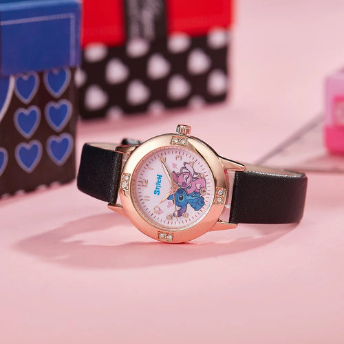 Montre Stitch et Angel - Dorée Rose à Bracelet Noir