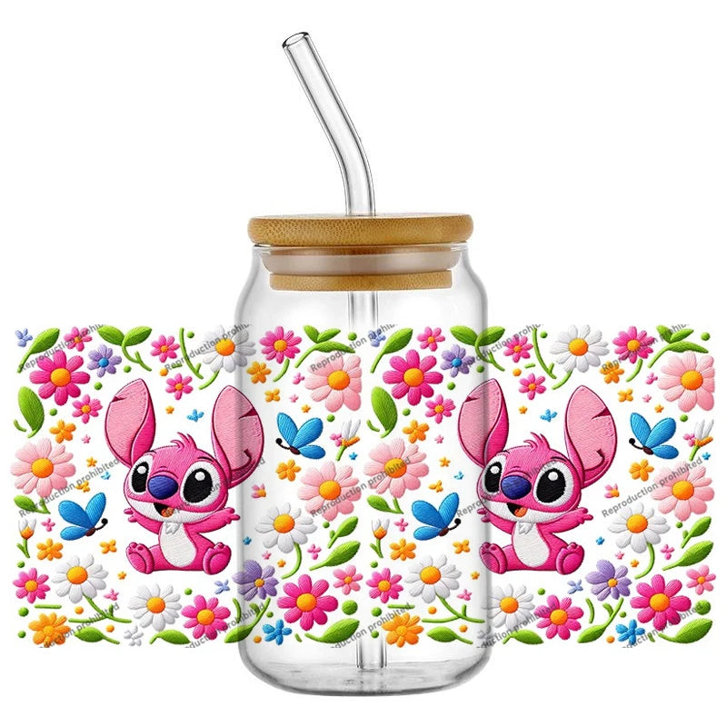 Autocollant pour verre Stitch - Rose Entouré de Fleurs