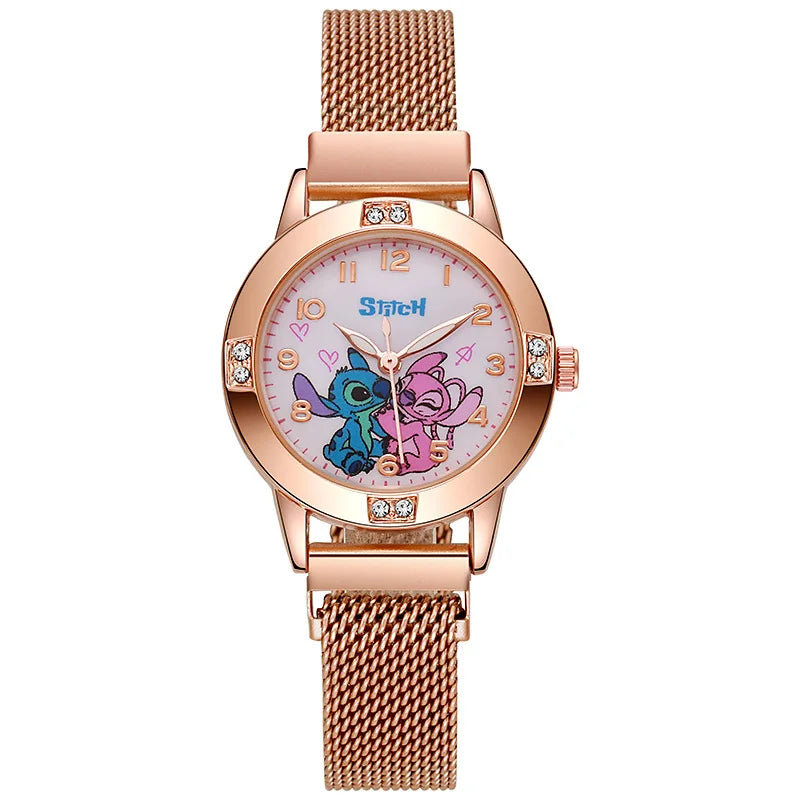 Montre Stitch et Angel - Bracelet Maillé Doré Rose